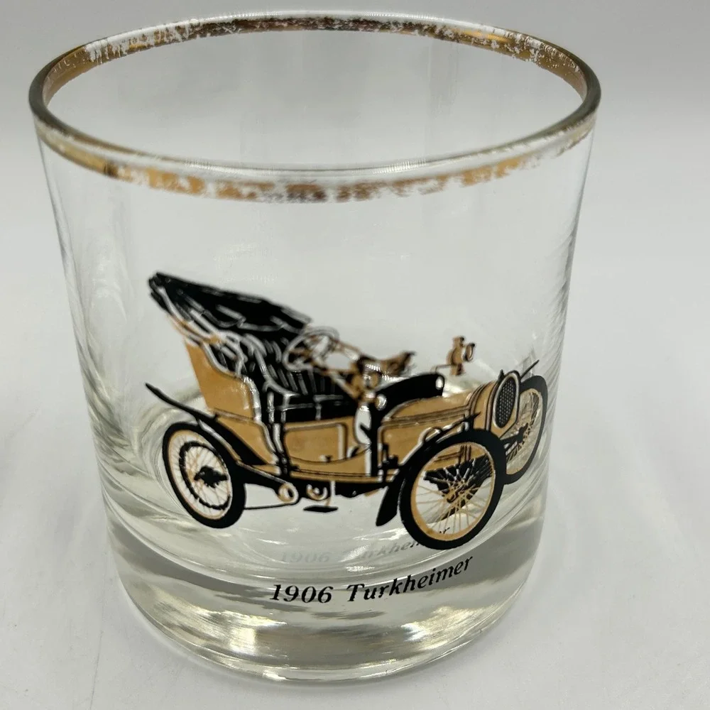 Rocks Glass Clear Vintage Antique Car Gold Rim Good
